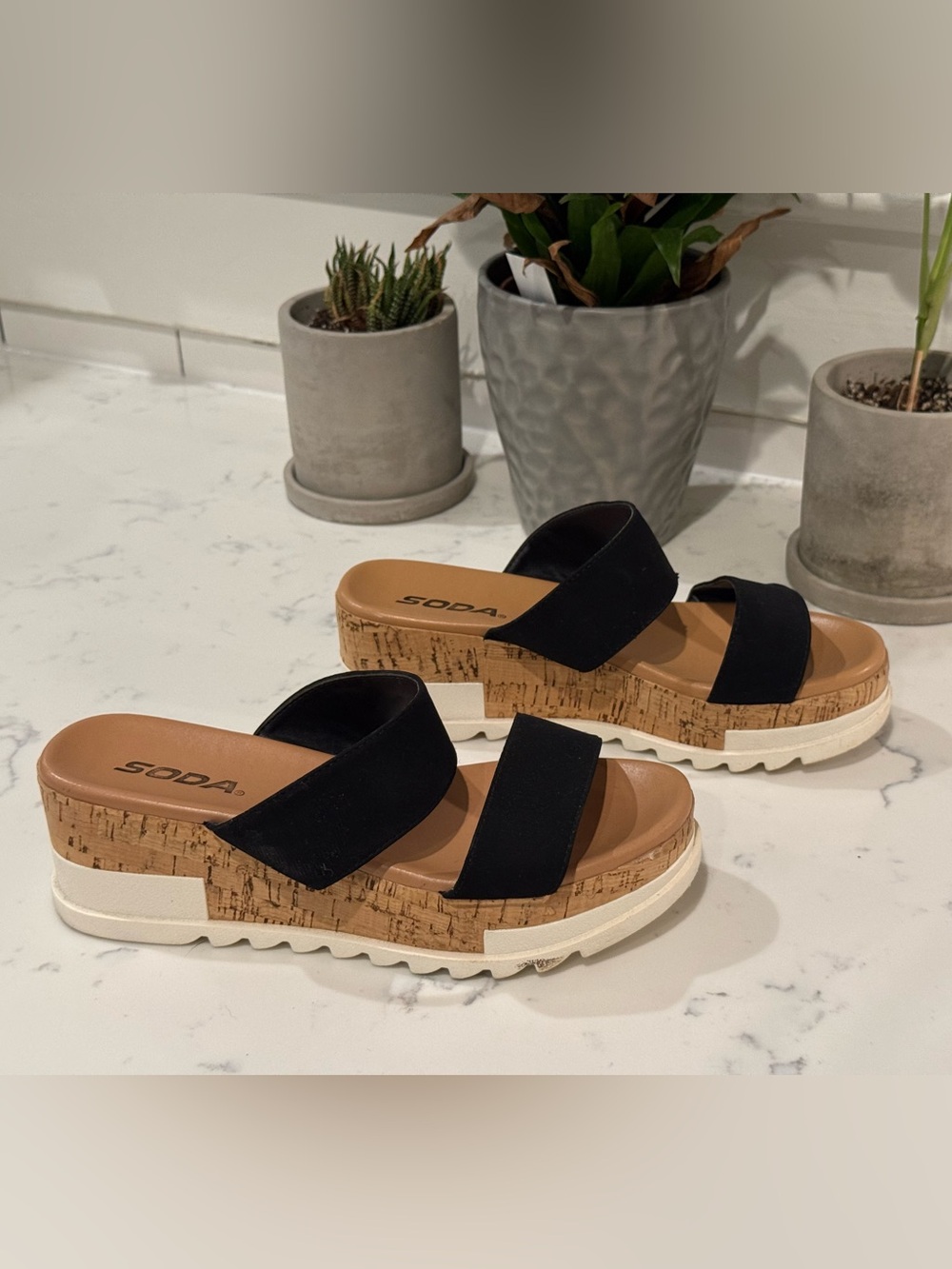 Soda Black Two-Strap Cork Platform Sandals